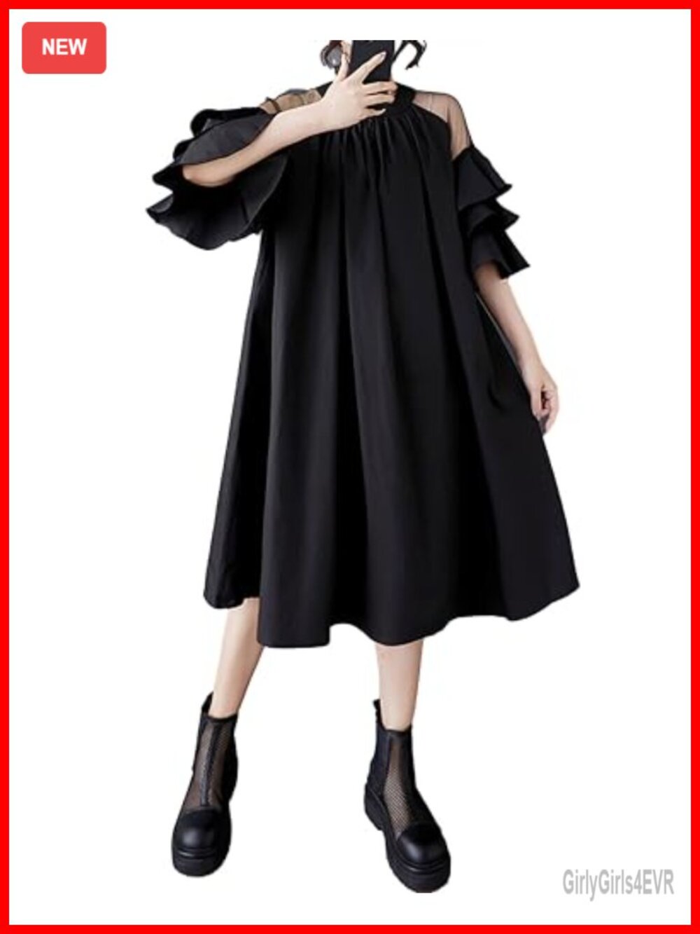 Women's Chiffon Dress Ruffled Sleeves Lace Crewneck A-Line Semi-Formal